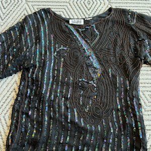 80s Vintage O.R. Silk 100% Silk Sequins Evening Blouse Top Medium Black